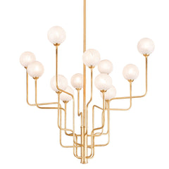 Onyx Large Chandelier 12 Opal Cloud Glass Globes Adjustable Height Vintage Gold Leaf Finish