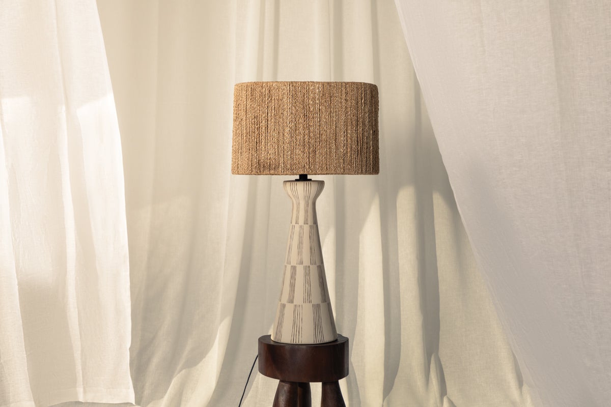 Palma Table Lamp 30" Tall by Troy Lighting - Textured Ceramic Base, Dimmable, Natural String Shade