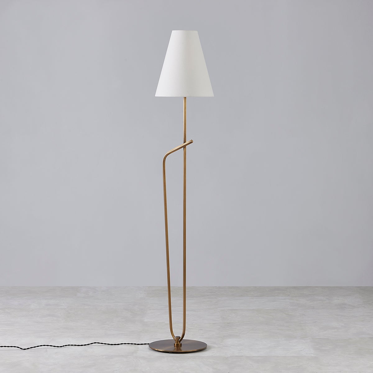 Pearce Floor Lamp 64" by Troy Lighting with Dimmable Off-White Linen Shade & Patina Brass Finish