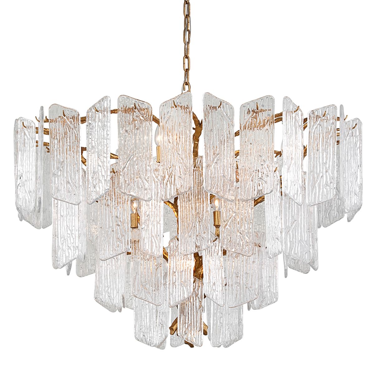 Piemonte 43.5" Large Chandelier by Corbett Lighting with Gold Leaf Iron and Textured Glass Panels