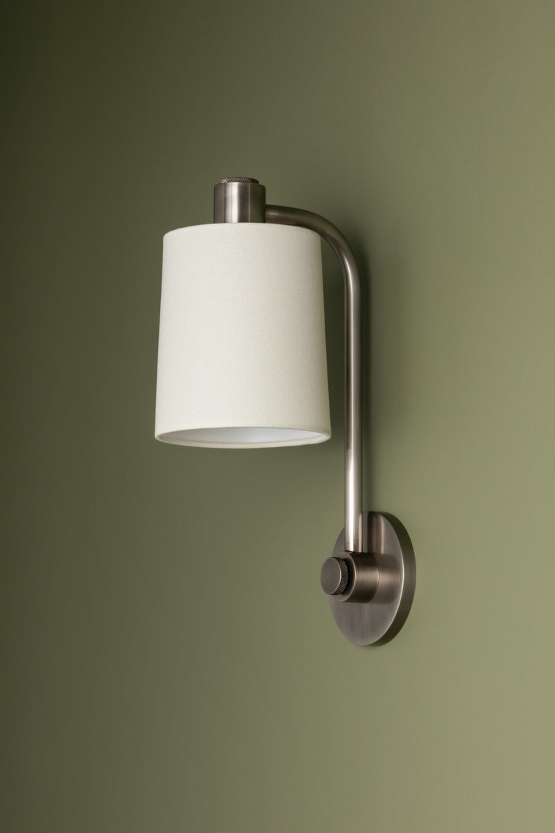 Rigby Wall Sconce by Troy Lighting, 15.25" Height, Dimmable, Off-White Linen Shade, Patina Brass Finish