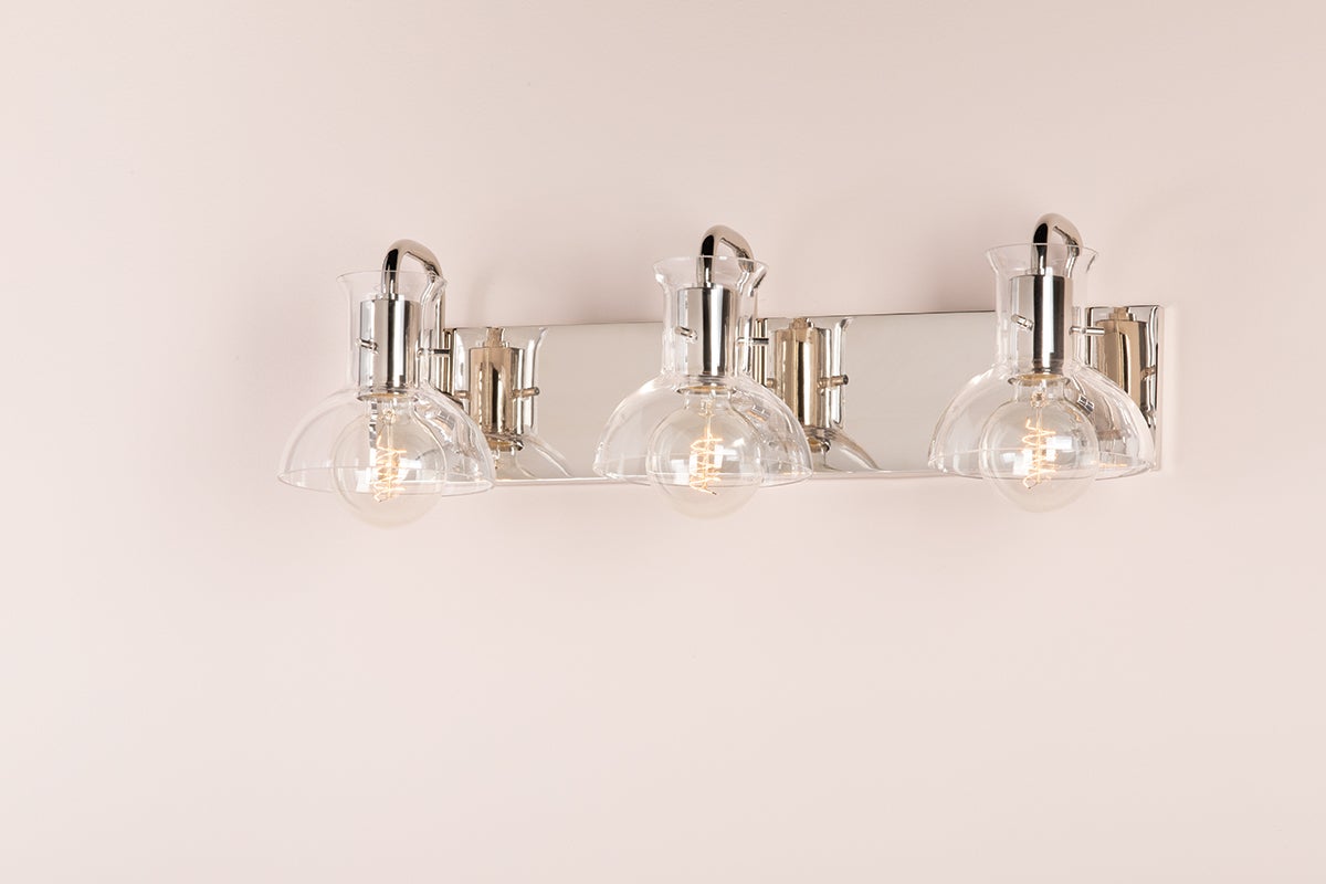 Mitzi Riley 3-Light Vanity Light with Dimmable Glass Shades in Aged Brass or Polished Nickel