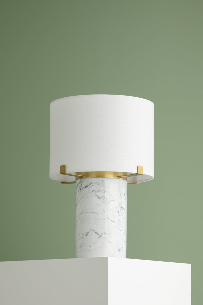 Mitzi Rumi Table Lamp, Dimmable Functionality, Carrara Marble Base, Aged Brass Finish, 16" Height
