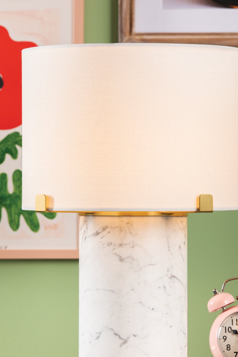 Mitzi Rumi Table Lamp, Dimmable Functionality, Carrara Marble Base, Aged Brass Finish, 16" Height