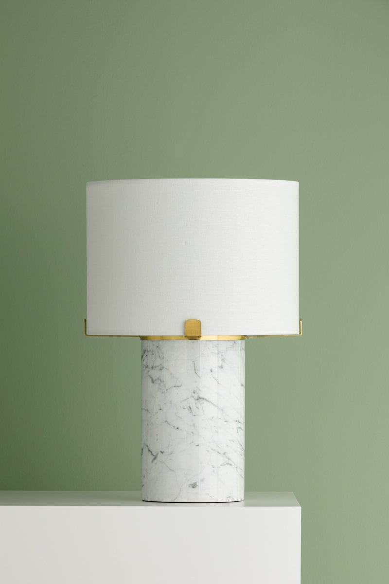 Mitzi Rumi Table Lamp, Dimmable Functionality, Carrara Marble Base, Aged Brass Finish, 16" Height