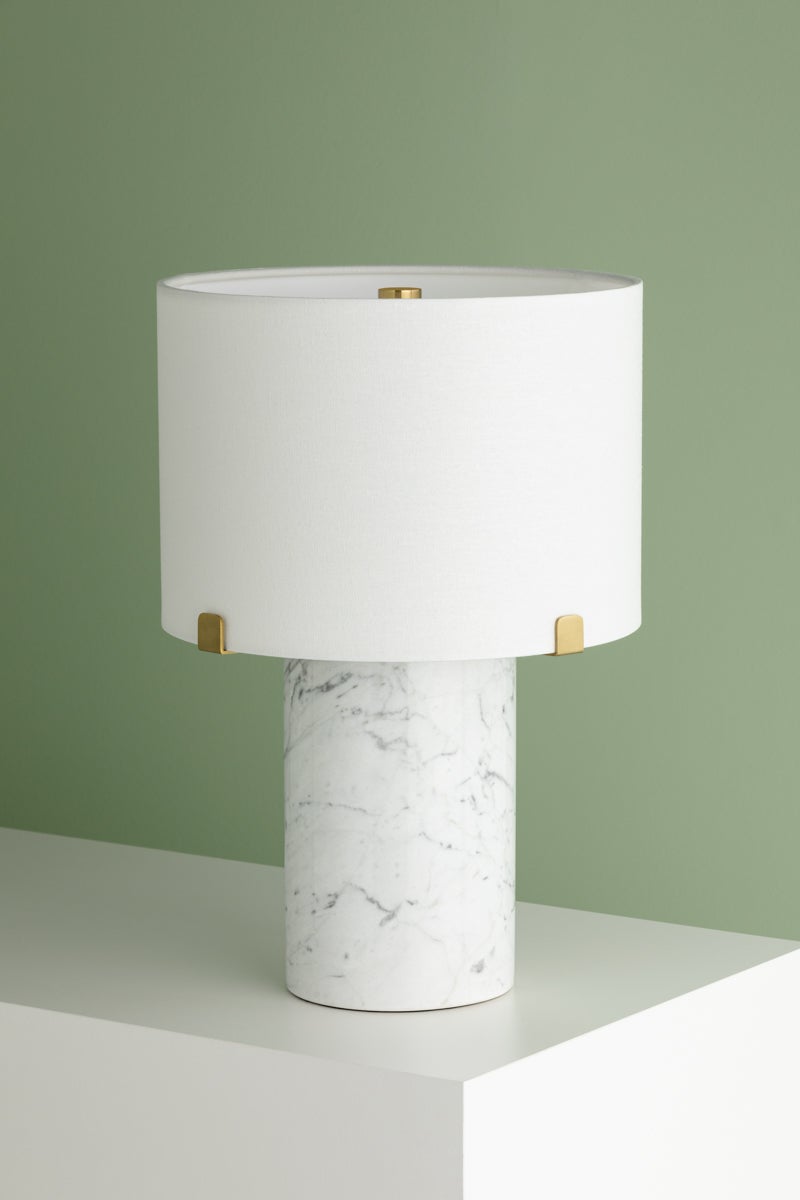 Mitzi Rumi Table Lamp, Dimmable Functionality, Carrara Marble Base, Aged Brass Finish, 16" Height