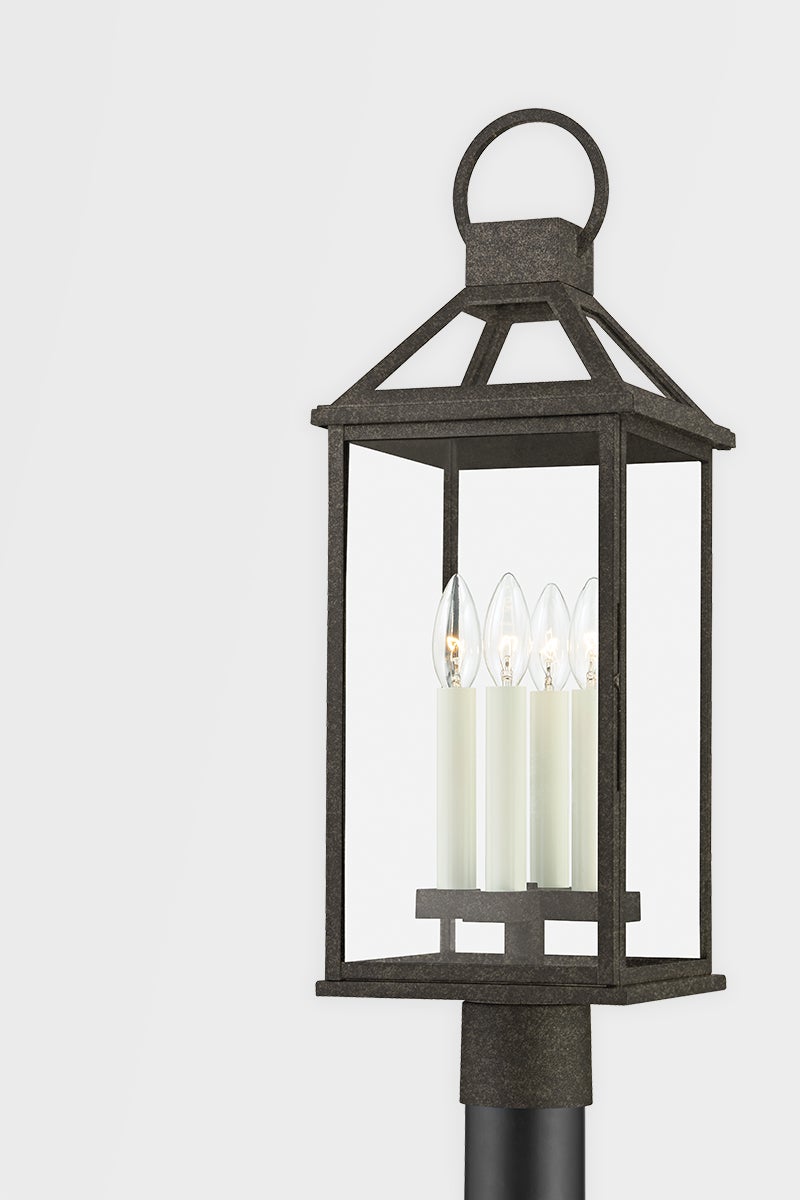 Sanders Outdoor Post Light 24.75" by Troy Lighting in French Iron with Dimmable Feature and Clear Glass