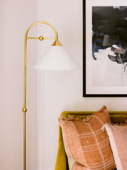 Mitzi Sang 64.5-Inch Floor Lamp with Aged Brass Finish and Dimmable White Linen Shade