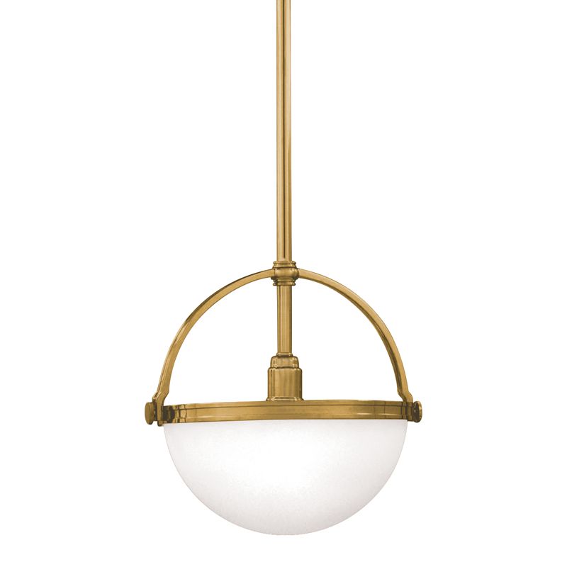 Hudson Valley Lighting Stratford Pendant Light, Opal Matte Glass Dome, Dimmable, Aged Brass Finish, Adjustable Height