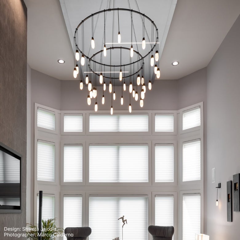 Sonneman Suspenders 32"-48" Double Ring Pendant Light with Crystal Shade and Dimmable LED, Satin Black