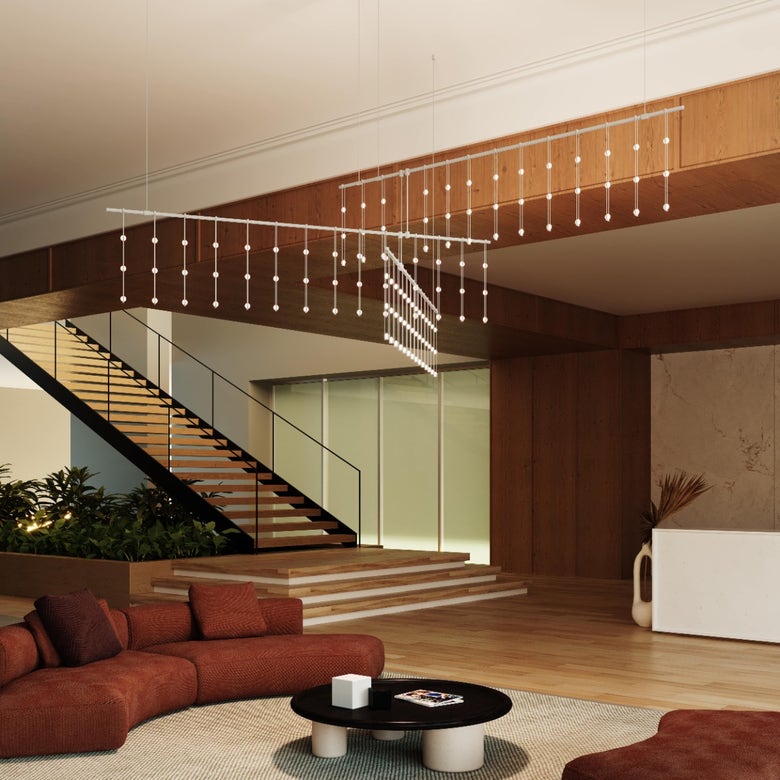 Sonneman 72-Inch 4-Tier Tri-Bar Chandelier with Crystal Ladder Lights - Dimmable, 5400 Lumen, 90 Watt