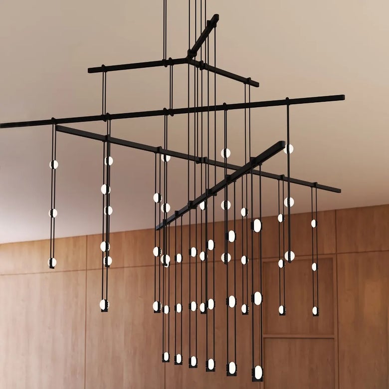 Sonneman 72-Inch 4-Tier Tri-Bar Chandelier with Crystal Ladder Lights - Dimmable, 5400 Lumen, 90 Watt