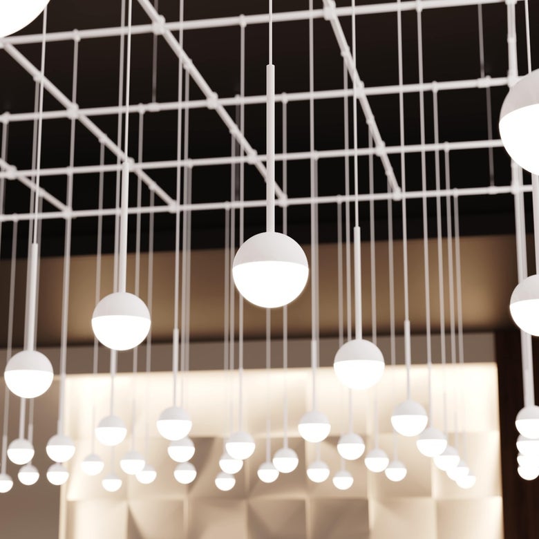 Suspenders 96" x 96" Gridscape Chandelier with 36" Monoline Domed Ball Luminaires by SONNEMAN
