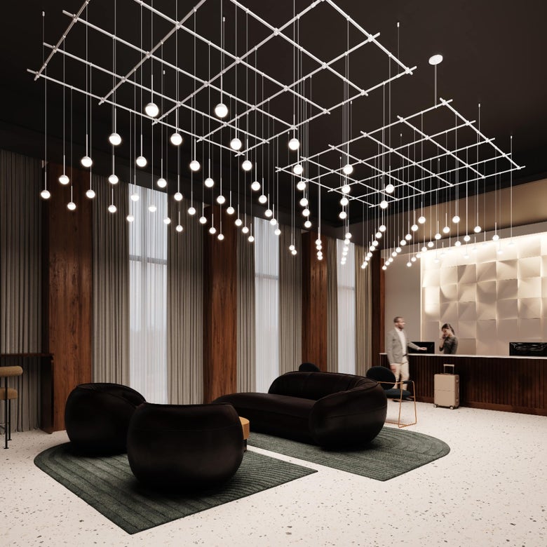 Suspenders 96" x 96" Gridscape Chandelier with 36" Monoline Domed Ball Luminaires by SONNEMAN