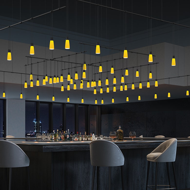 SONNEMAN SLS0166 Suspenders Expanded Grid 7 Amber Tapered Bell Luminaires LED Chandelier 7840 Lumens