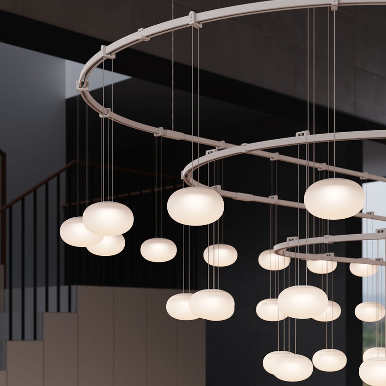 Suspenders Path 3-Bar Racetrack Pendant Light with Adjustable Height and Etched Globe Luminaires by SONNEMAN