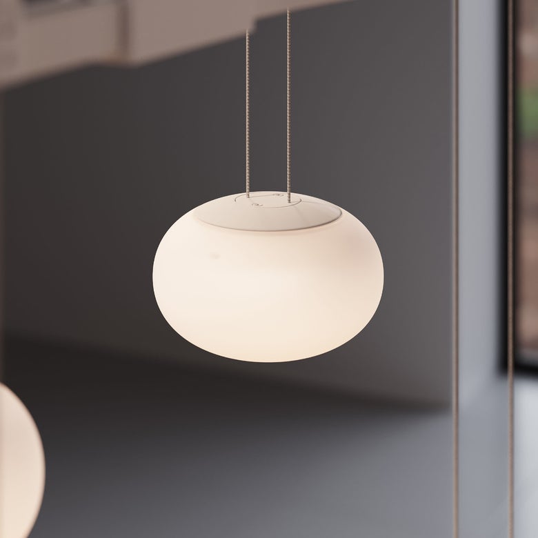Suspenders Path 3-Bar Racetrack Pendant Light with Adjustable Height and Etched Globe Luminaires by SONNEMAN