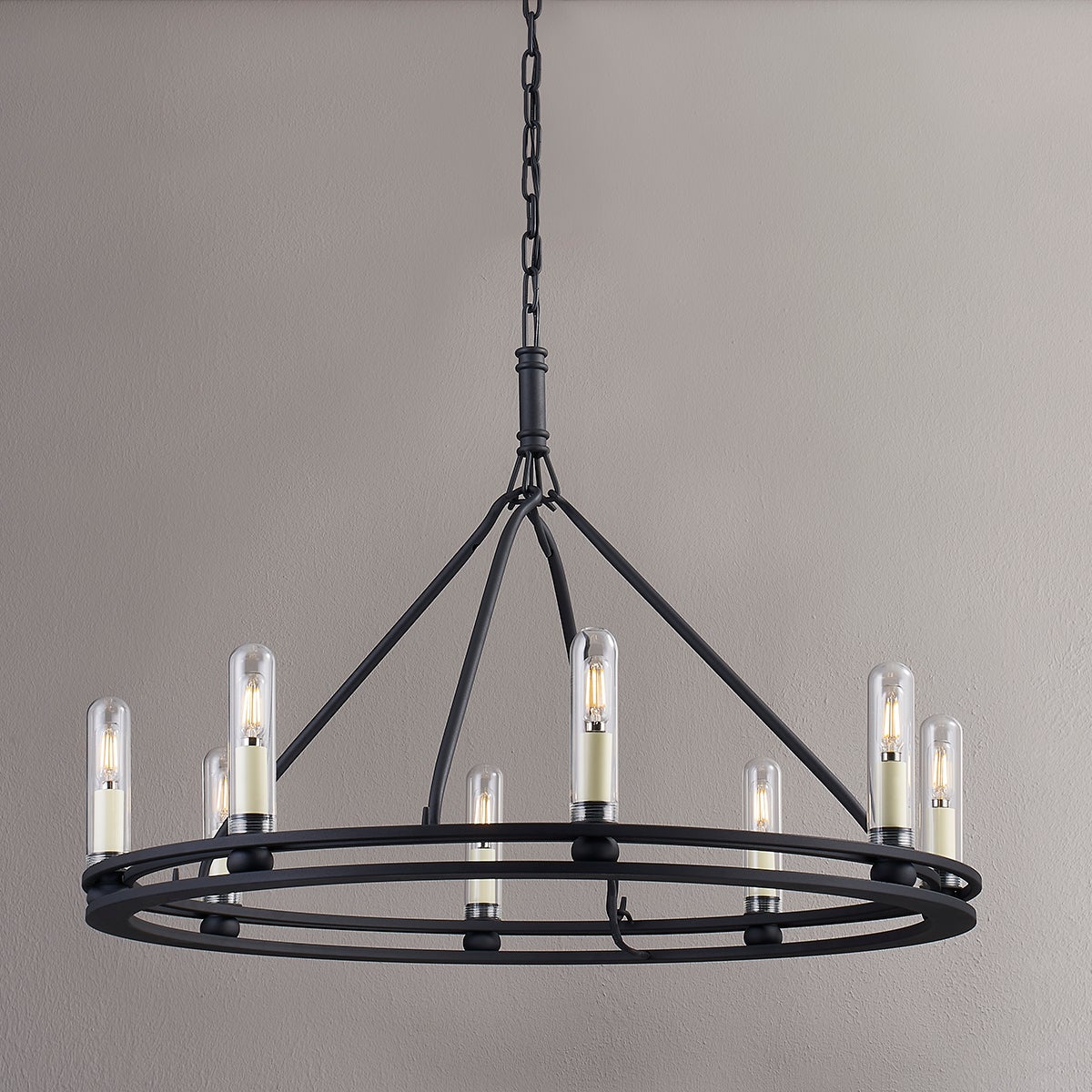 Sutton Outdoor Chandelier 8-Bulb Design by Troy Lighting with Clear Glass Shades and Textured Black Finish