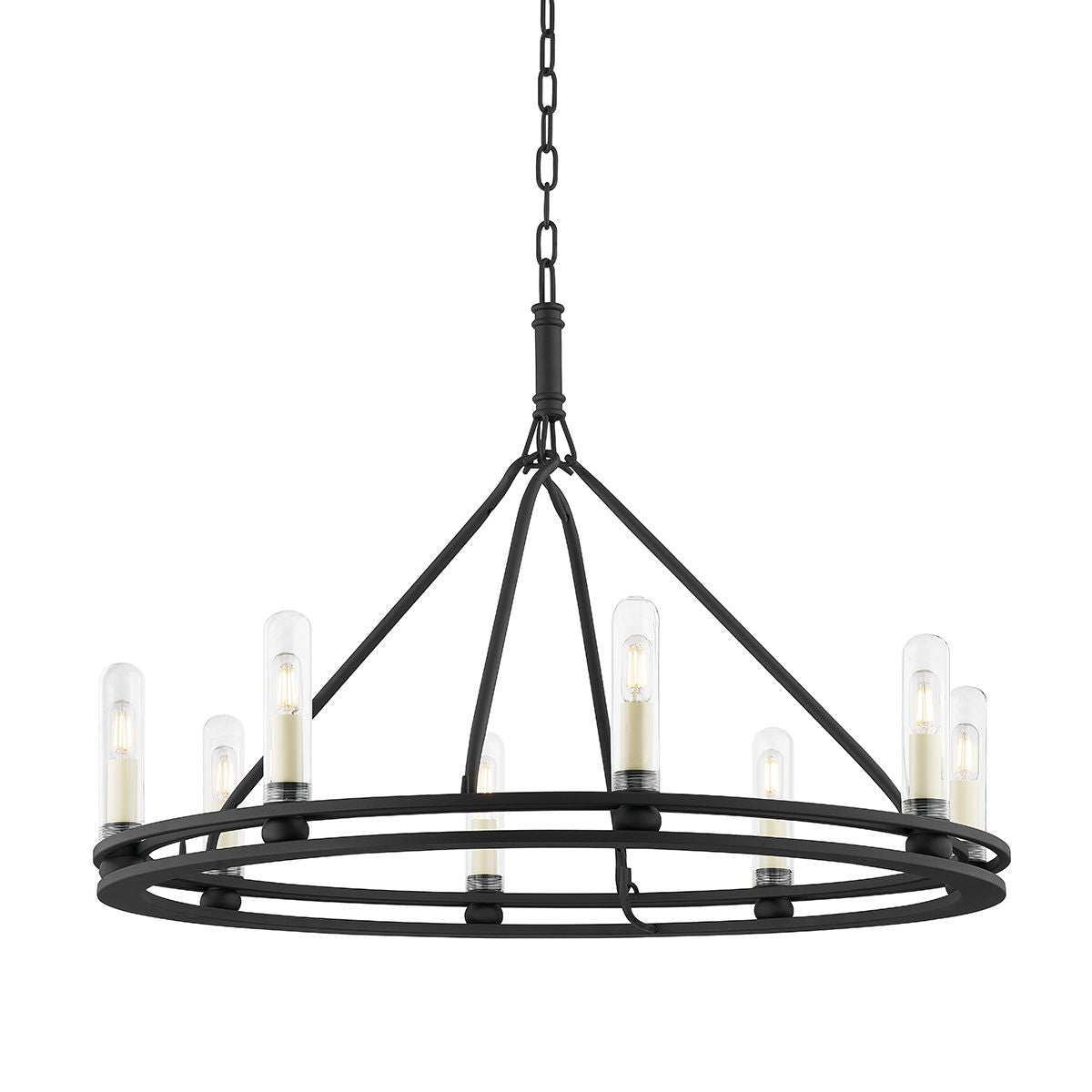Sutton Outdoor Chandelier 8-Bulb Design by Troy Lighting with Clear Glass Shades and Textured Black Finish