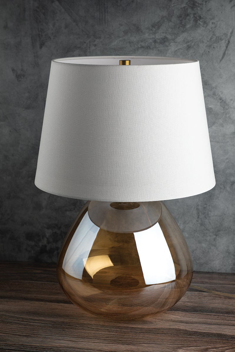 Mitzi Thea Table Lamp 22.75" Height Dimmable Brass Finish Champagne Amber Glass Shade