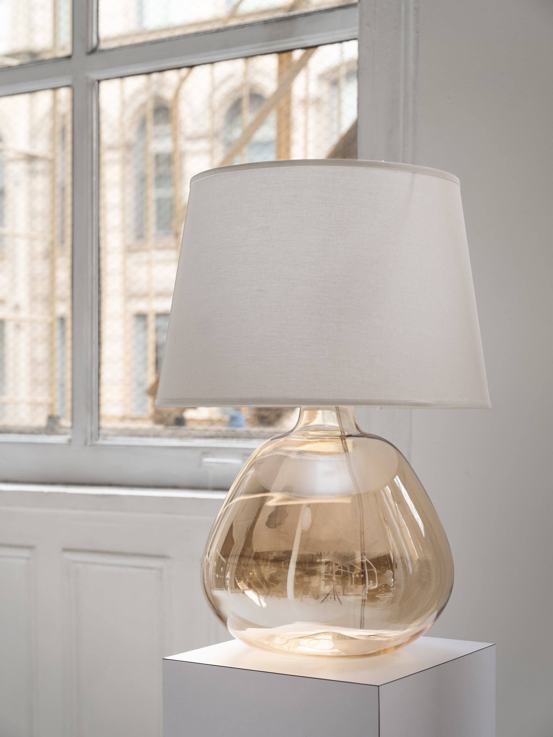 Mitzi Thea Table Lamp 22.75" Height Dimmable Brass Finish Champagne Amber Glass Shade
