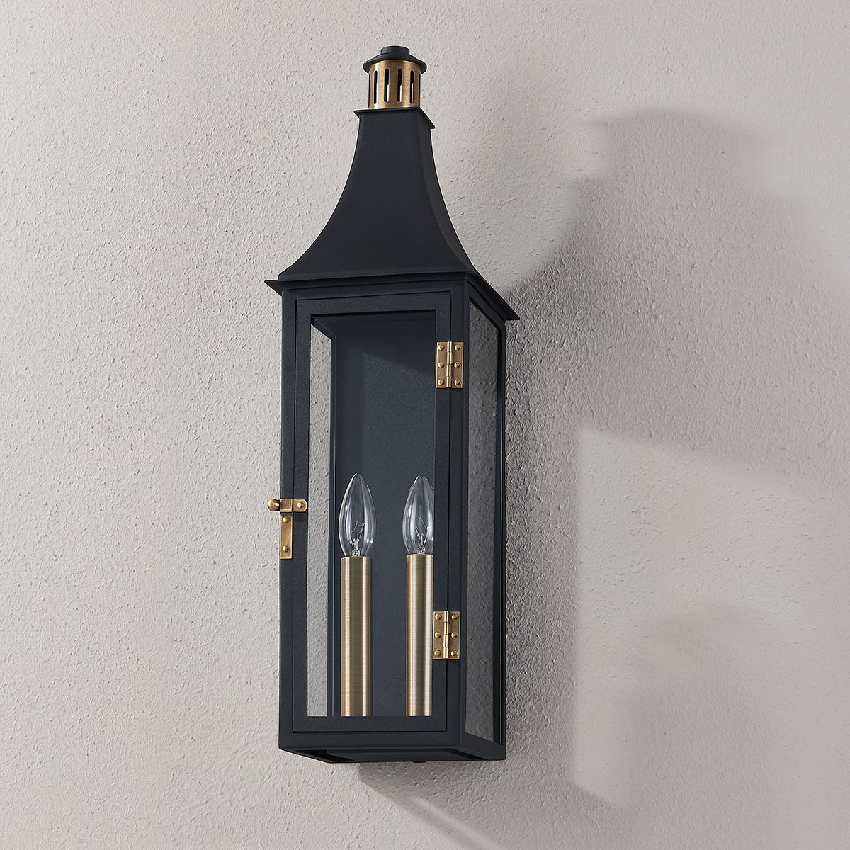Wes Large Wall Sconce By Troy Lighting, 23.75" Height, Patina Brass & Textured Black Finish, ETL Wet Rated