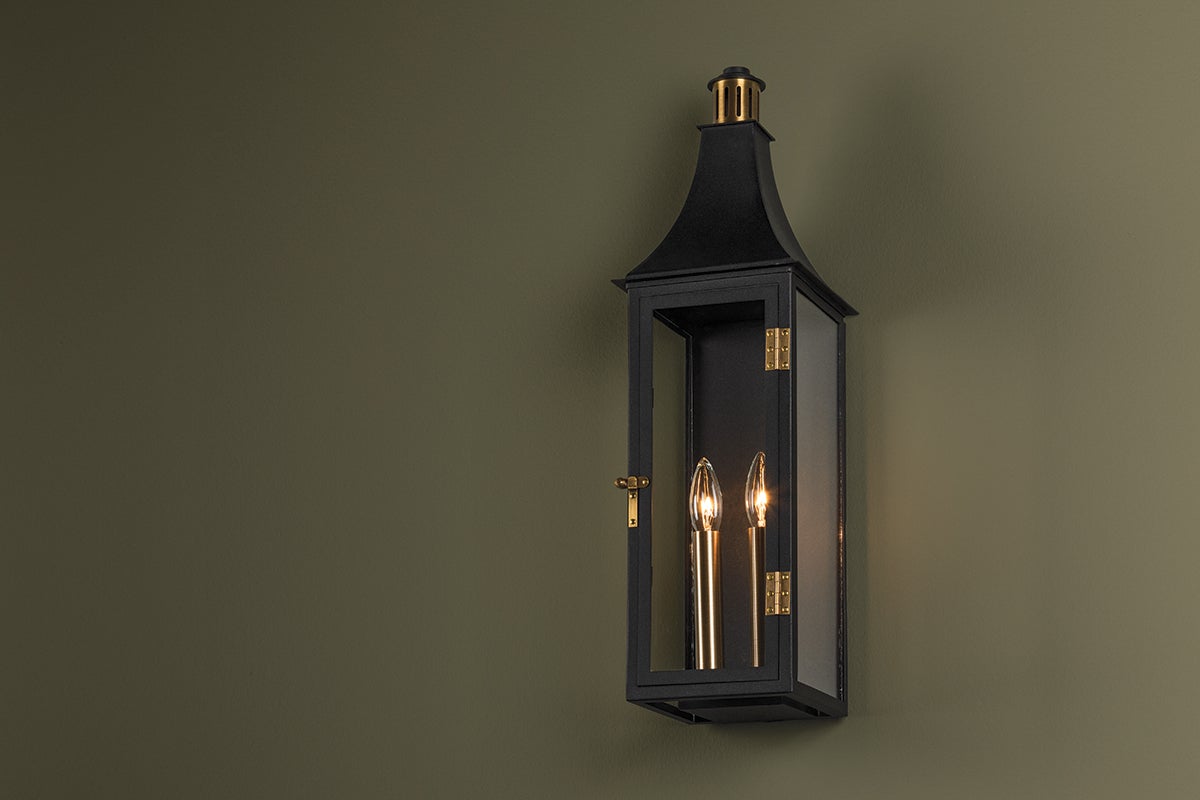 Wes Large Wall Sconce By Troy Lighting, 23.75" Height, Patina Brass & Textured Black Finish, ETL Wet Rated