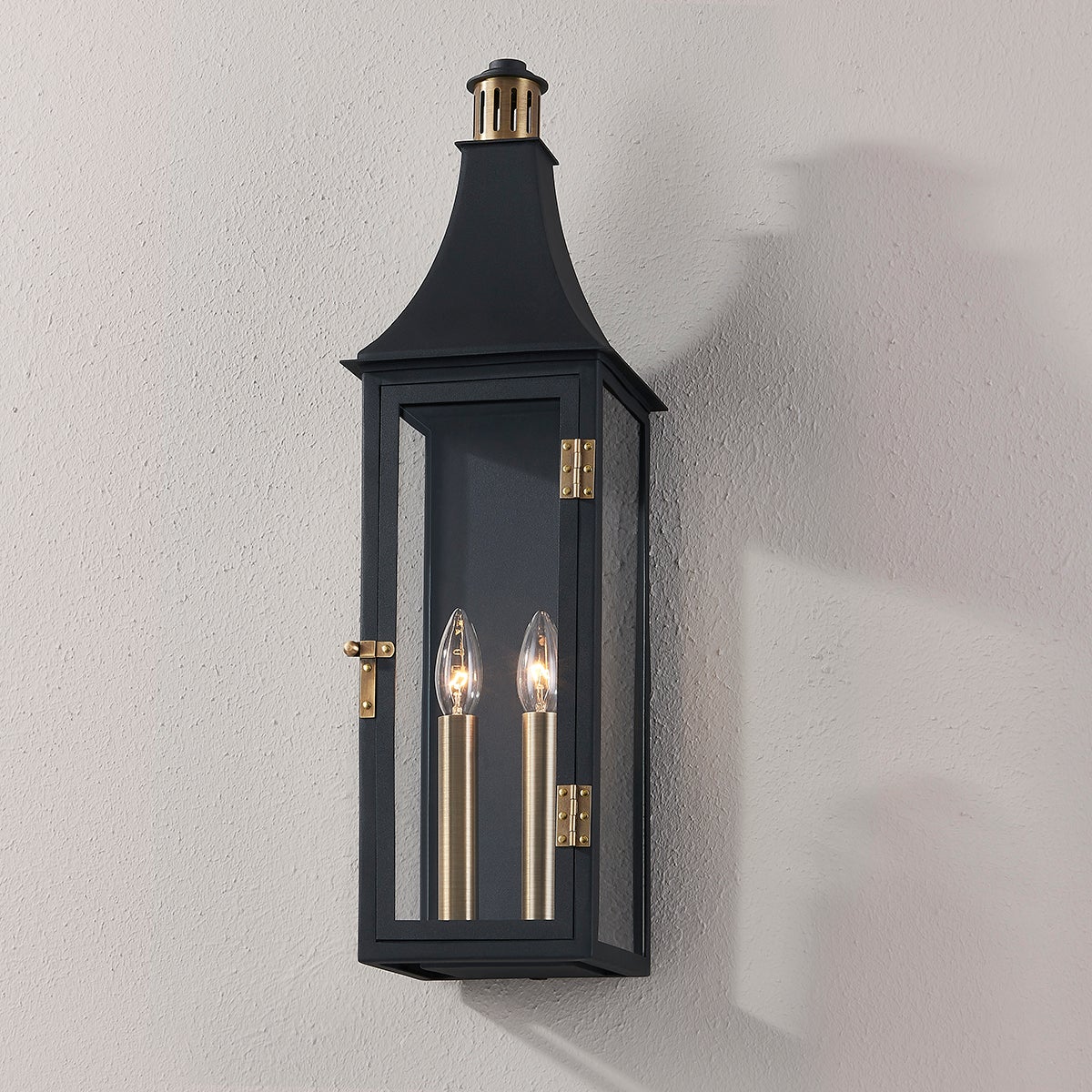 Wes Large Wall Sconce By Troy Lighting, 23.75" Height, Patina Brass & Textured Black Finish, ETL Wet Rated