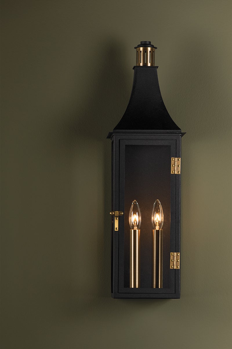 Wes Large Wall Sconce By Troy Lighting, 23.75" Height, Patina Brass & Textured Black Finish, ETL Wet Rated