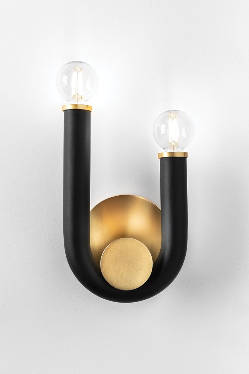 Mitzi Whit Sconce: Elegant Black Metal Wall Light with Aged Brass Finish and Dimmable Feature, 2 Bulbs