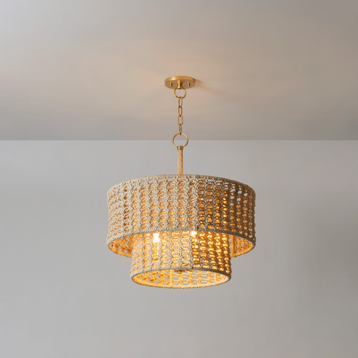 Yorkhill Pendant Light by Hudson Valley Lighting - Bohemian Abaca Rope, 3 Lights, Dimmable, Vintage Gold Leaf Finish
