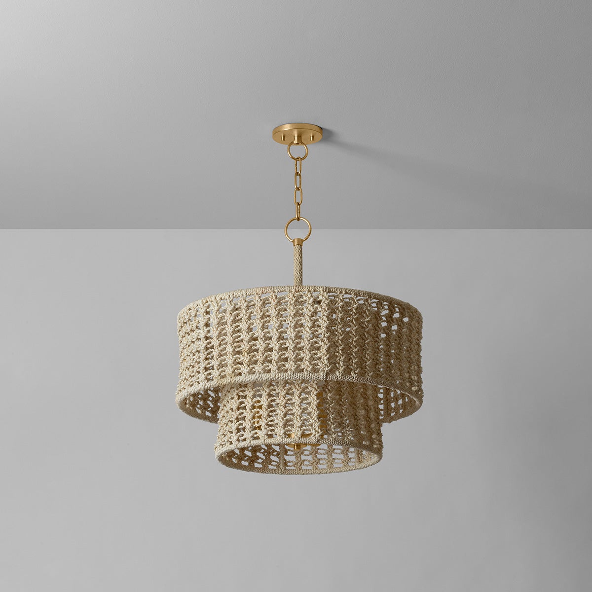 Yorkhill Pendant Light by Hudson Valley Lighting - Bohemian Abaca Rope, 3 Lights, Dimmable, Vintage Gold Leaf Finish