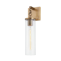 Yucca Large Wall Sconce 17.25" High in Patina Brass with Clear Ribbed Glass Shade, UL Wet Rated