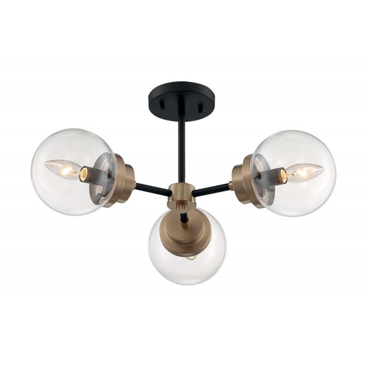 Axis - 3 Light Semi-Flush with Clear Glass - Matte Black and Brass Accents Finish - Satco 60-7123