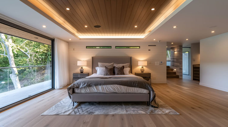 Cozy bedroom lighting with modern recessed ceiling lights and bedside lamps.