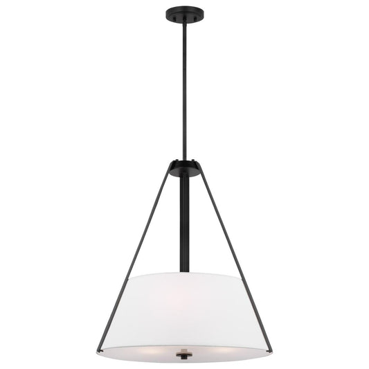 Brewster - 3 Light Pendant - Black Finish - Faux Leather Wrapped Straps - White Textile Shade - Satco 60-7696
