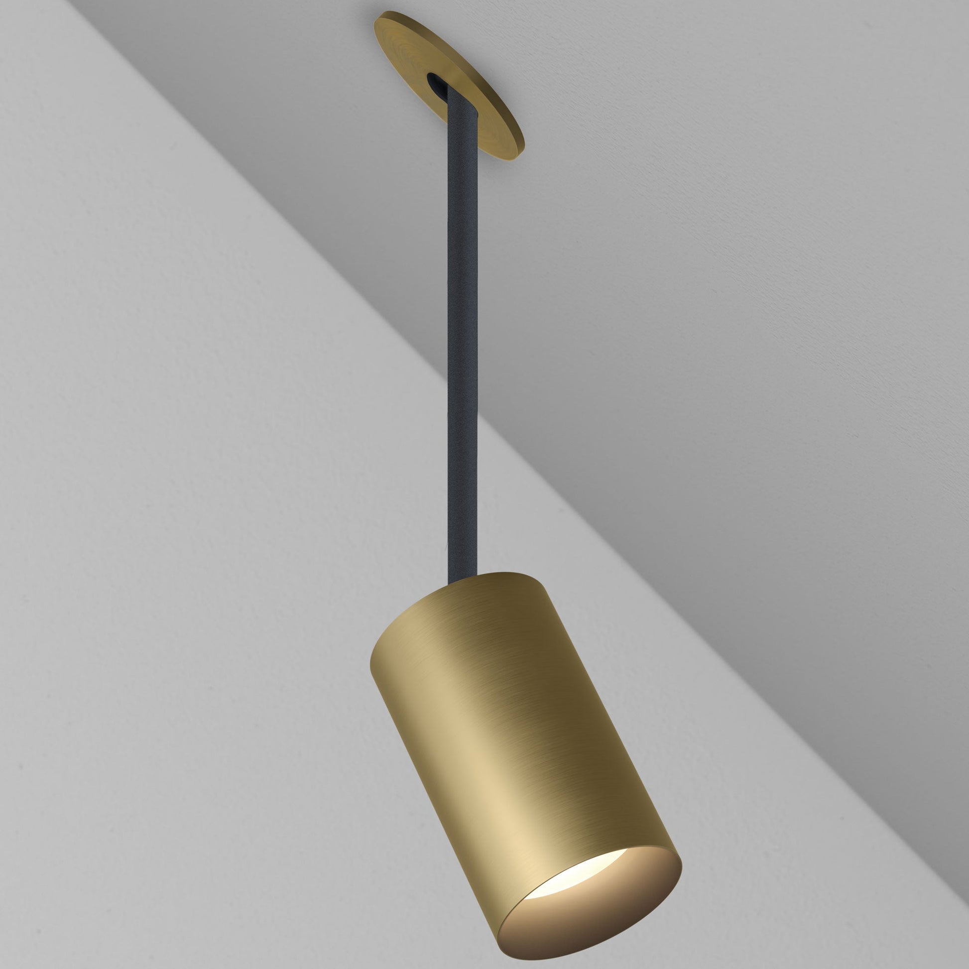 CM1 Cylinder Hang Straight Adjustable Ceiling Light - New Construction - Brushed Cast Brass/Black Baffle - 40 Degrees - Warm Dim (2900K-1800K) by Lucifer Lighting