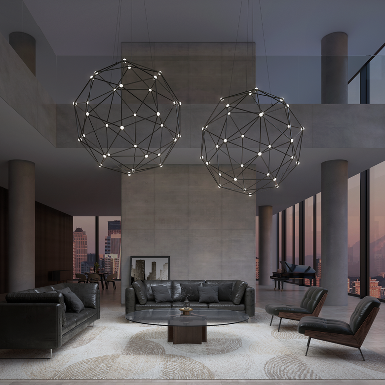 Constellation Hedron Chandelier - Polished Black Nickel - Clear Faceted Acrylic Lens by SONNEMAN