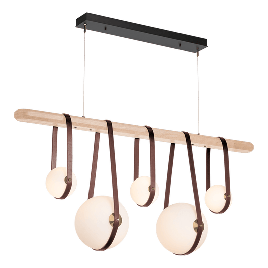 Derby Linear 5-Light LED Pendant - Antique Brass Metal Accent - Leather British Brown Accent by Hubbardton Forge