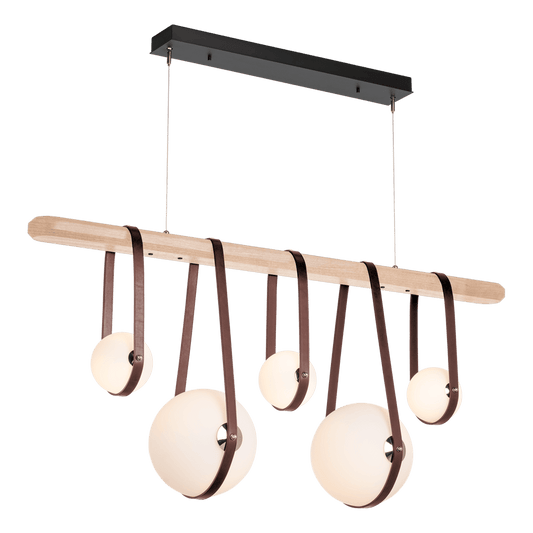 Derby Linear 5-Light LED Pendant - Polished Nickel Metal Accent - Leather British Brown Accent by Hubbardton Forge