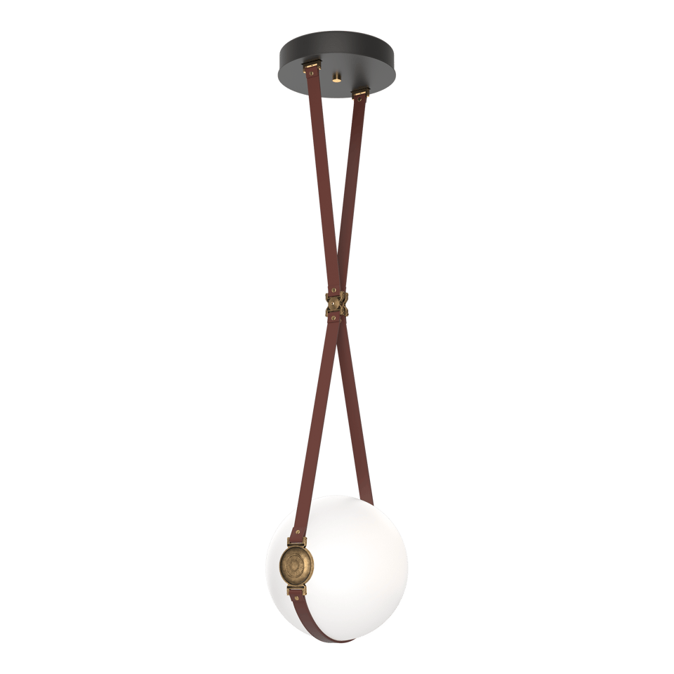 Derby Small LED Pendant - Antique Brass Metal Accent - Leather British Brown Accent by Hubbardton Forge