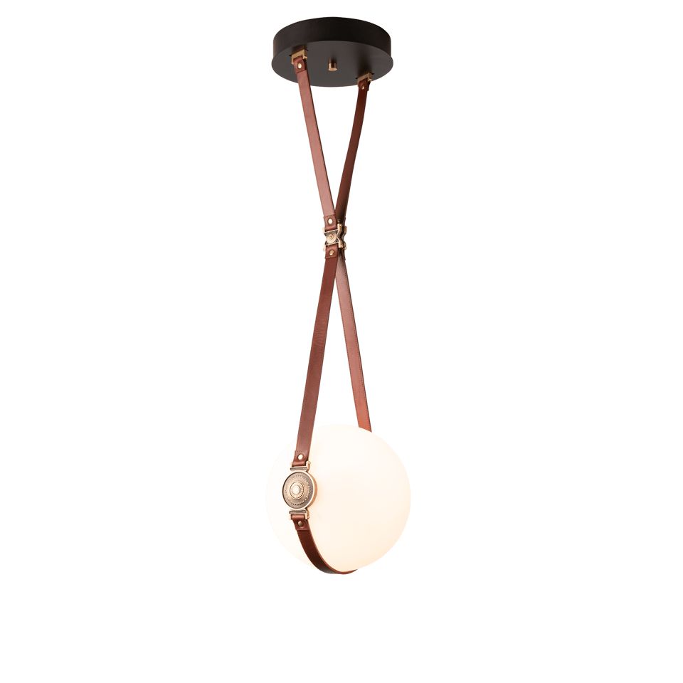 Derby Small LED Pendant - Antique Brass Metal Accent - Leather Chestnut Accent by Hubbardton Forge