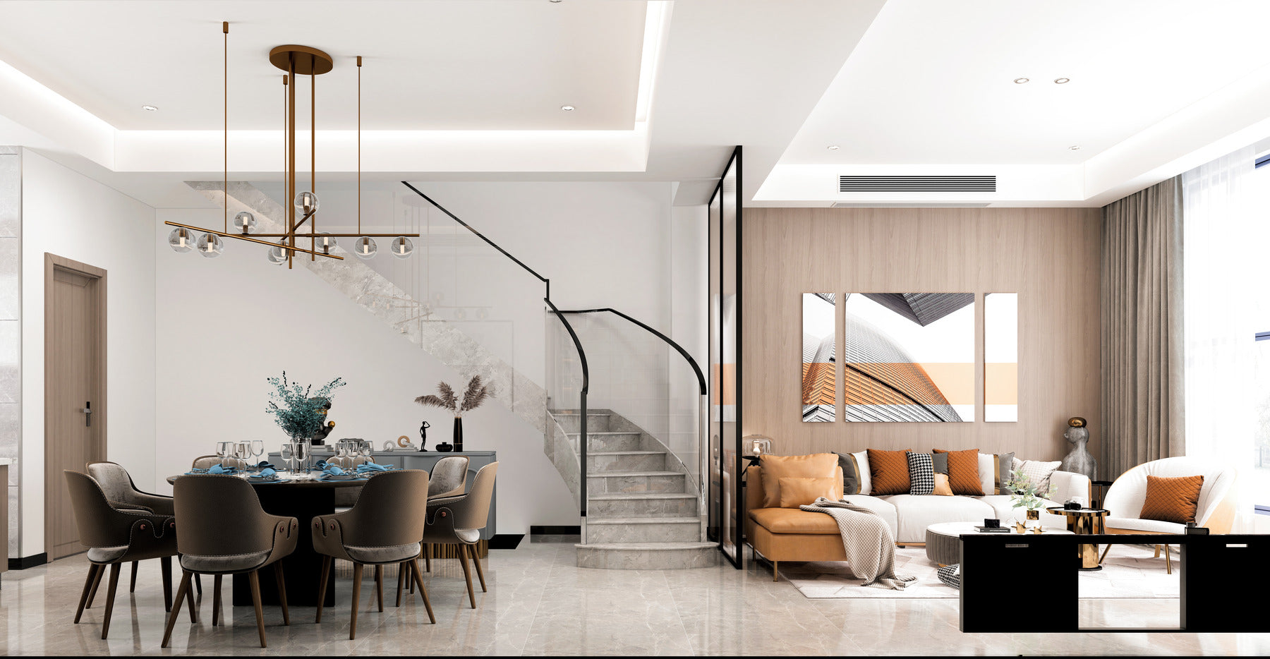 Grand dining room with a luxury chandelier above the dining table.