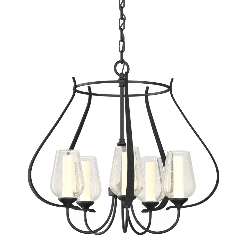 Flora 5-Arm Chandelier - Black - Opal and Seeded Glass by Hubbardton Forge