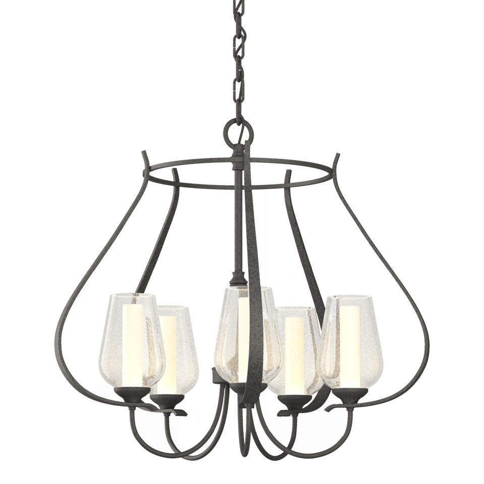 Flora 5-Arm Chandelier - Natural Iron - Opal and Seeded Glass by Hubbardton Forge