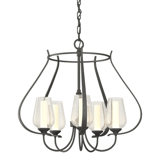 Flora 5-Arm Chandelier - Natural Iron - Opal and Seeded Glass by Hubbardton Forge