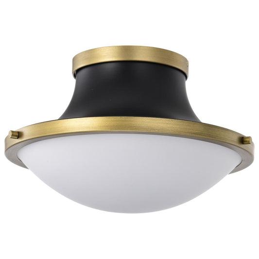 Lafayette 1 Light Flush Mount Fixture - 14 Inches - Matte Black Finish with Natural Brass Accents and White Opal Glass - Satco 60-7905
