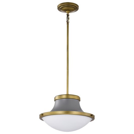 Lafayette 1 Light Pendant - 14 Inches - Gray Finish with Natural Brass Accents and White Opal Glass - Satco 60-7917