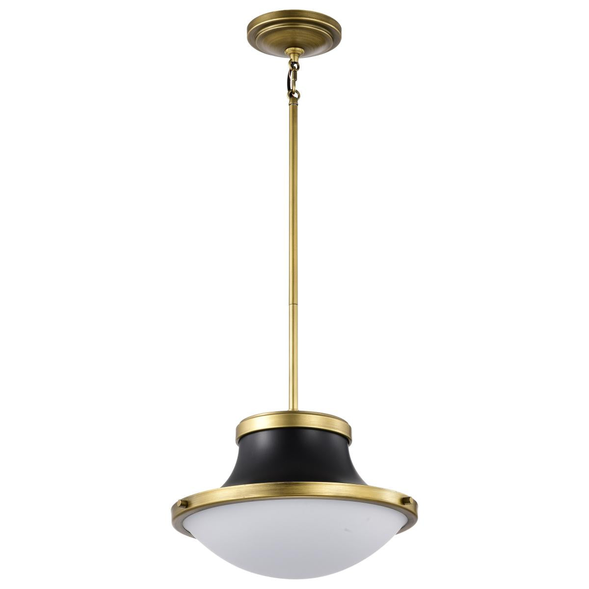 Lafayette 1 Light Pendant - 14 Inches - Matte Black Finish with Natural Brass Accents and White Opal Glass - Satco 60-7907