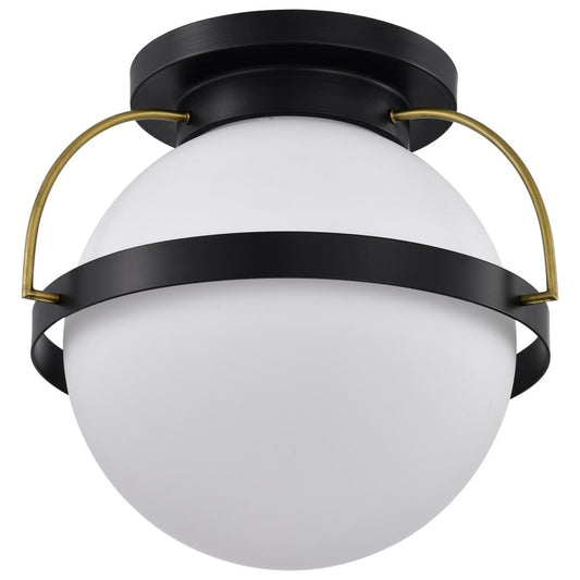 Lakeshore 1 Light Large Flush - Matte Black & Natural Brass Finish - White Opal Glass - Satco 60-7772